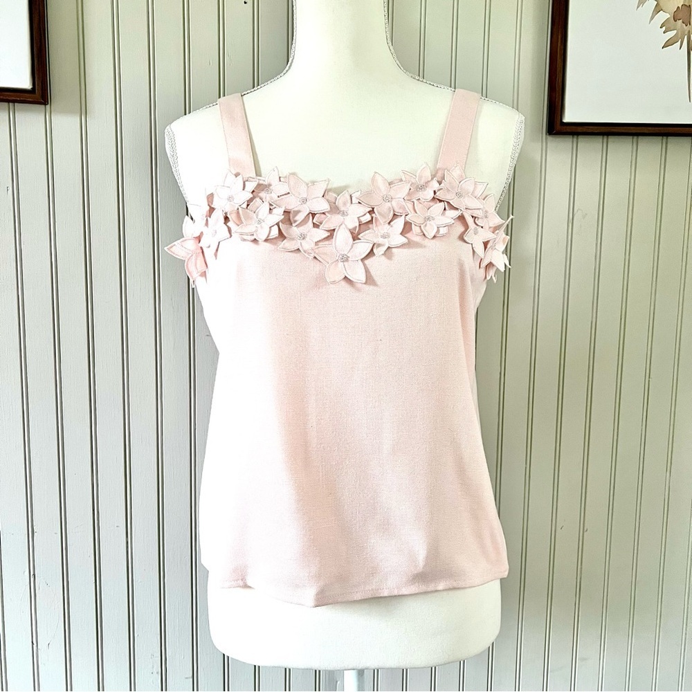 Nolan Miller 3D Flowers with Beads Pale Pink Structured Tank Top